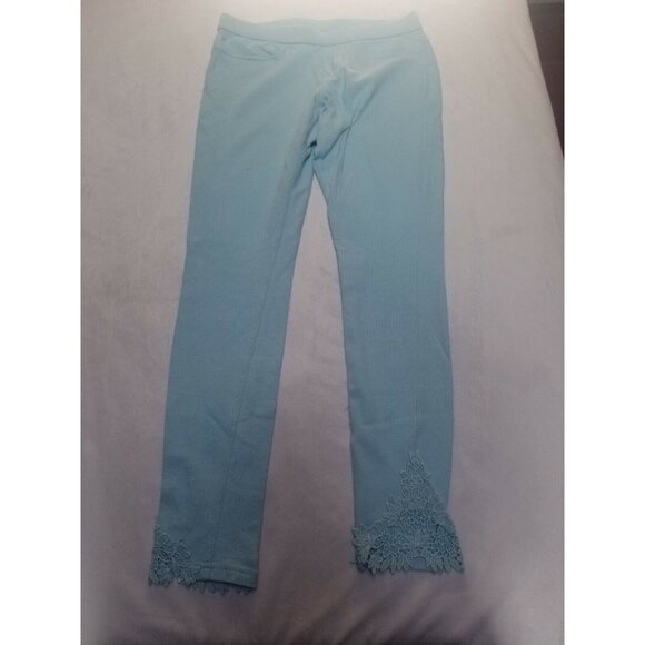 Hue Womens Straight Pull On Pants Low Rise Back Pockets Floral Embroidered Blue - Picture 1 of 7